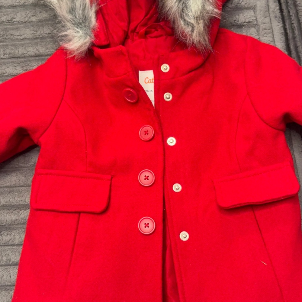 Cat & Jack Red Kids Puffer Jacket with Faux Fur Hood